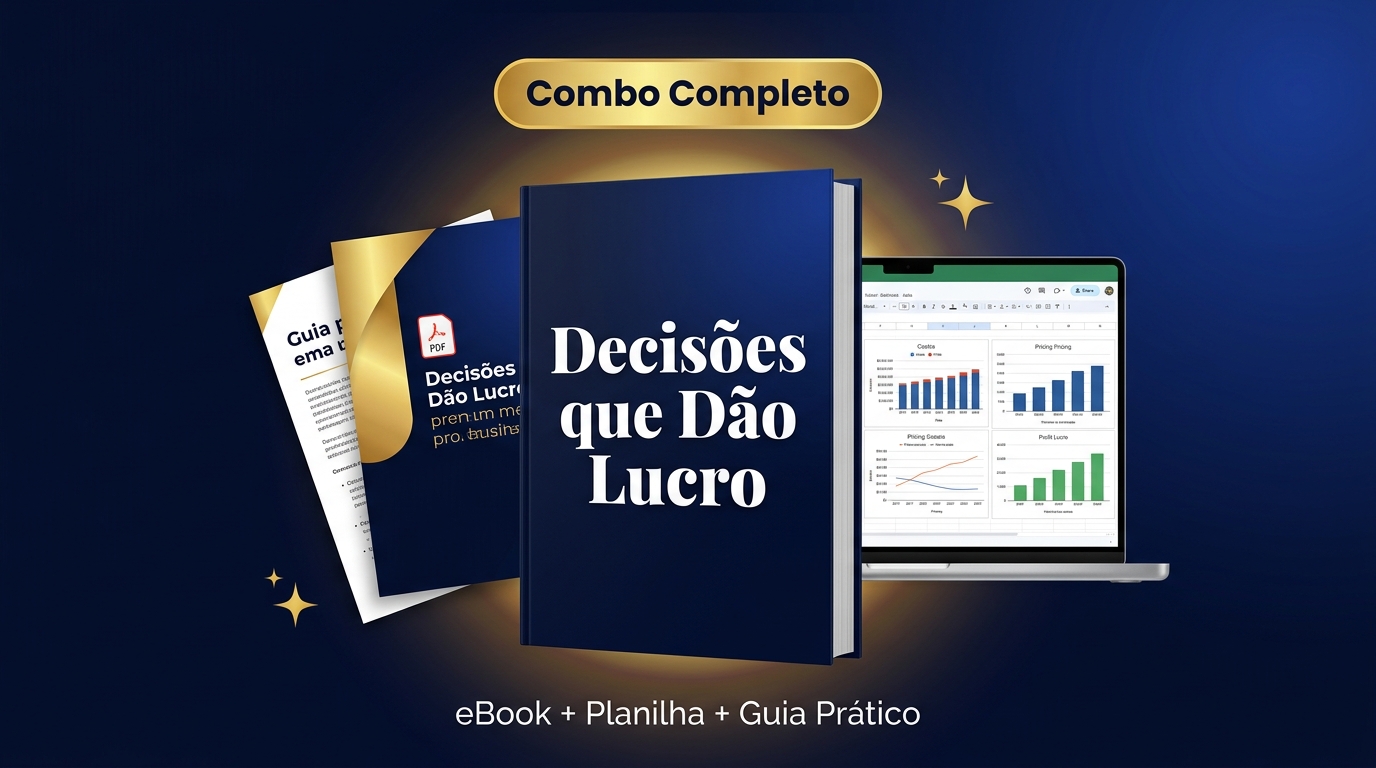 Combo Decisões que Dão Lucro: o eBook, o guia prático em PDF e a planilha aberta em um notebook mostrando gráficos de custos, precificação e lucro